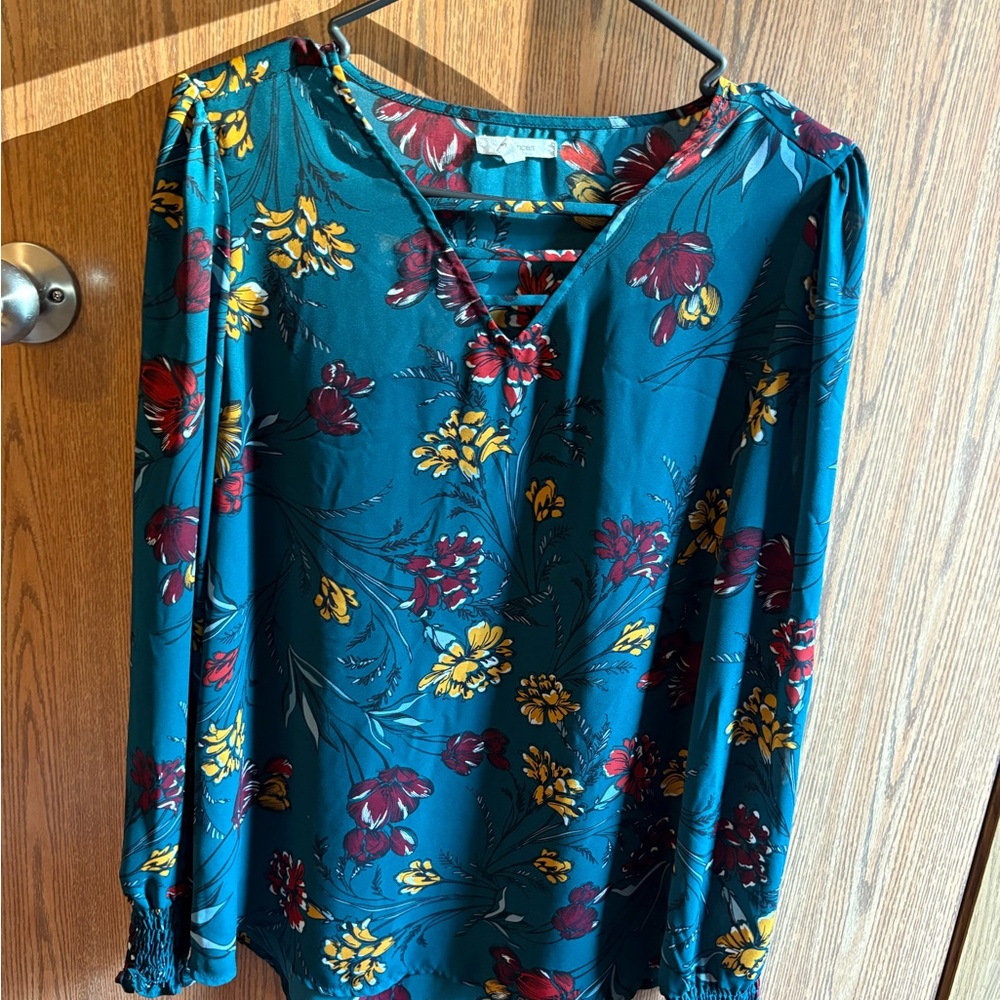 Maurices Teal Floral Blouse with Red and Yellow Accents